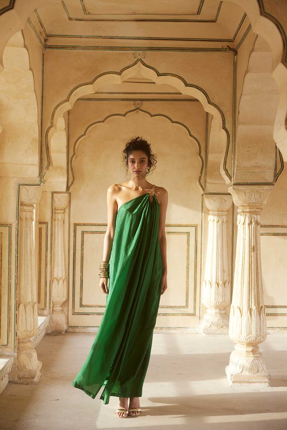 emerald green one shoulder maxi dress Emerald Green Gown - One-Shoulder Maxi Dress - Chiffon Maxi Dress