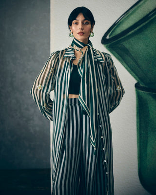 Women’s emerald green striped organza kurta set with embroidery, solid bustier and matching pants, fashionable Indo-western outfit ideal for festive wear and modern styling.