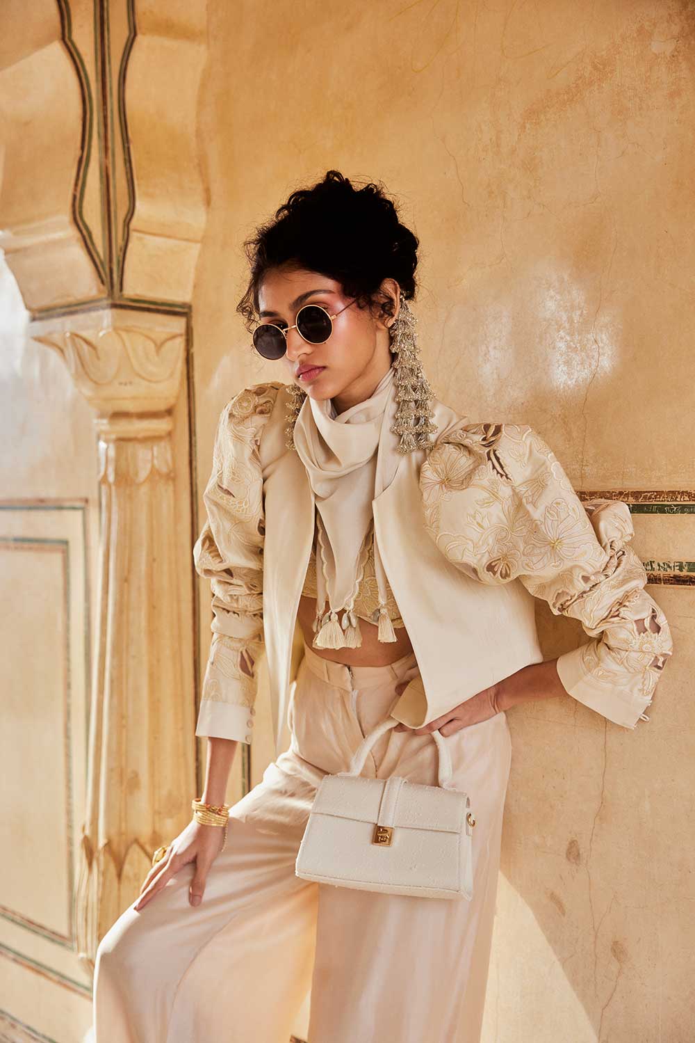 Ivory Crop top and Jacket Set W Scarf - Main Image