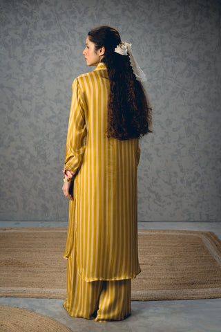 Back look of the Paulmi and Harsh Lacey Kurta Set displaying the continuous mustard striped print, clean tailoring and relaxed fit across the coordinated two-piece ensemble.