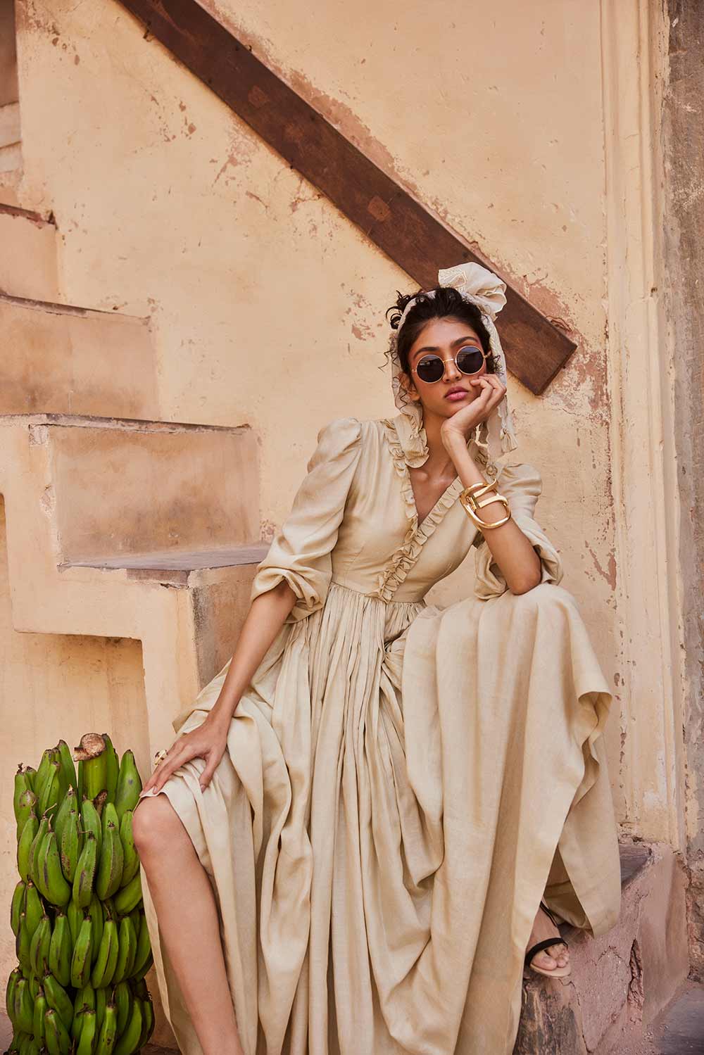 Resort Look Ivory Linen Dress With Scarf For Women Leela Lane Resort Look Ivory Linen Dress With Scarf For Women Leela Lane