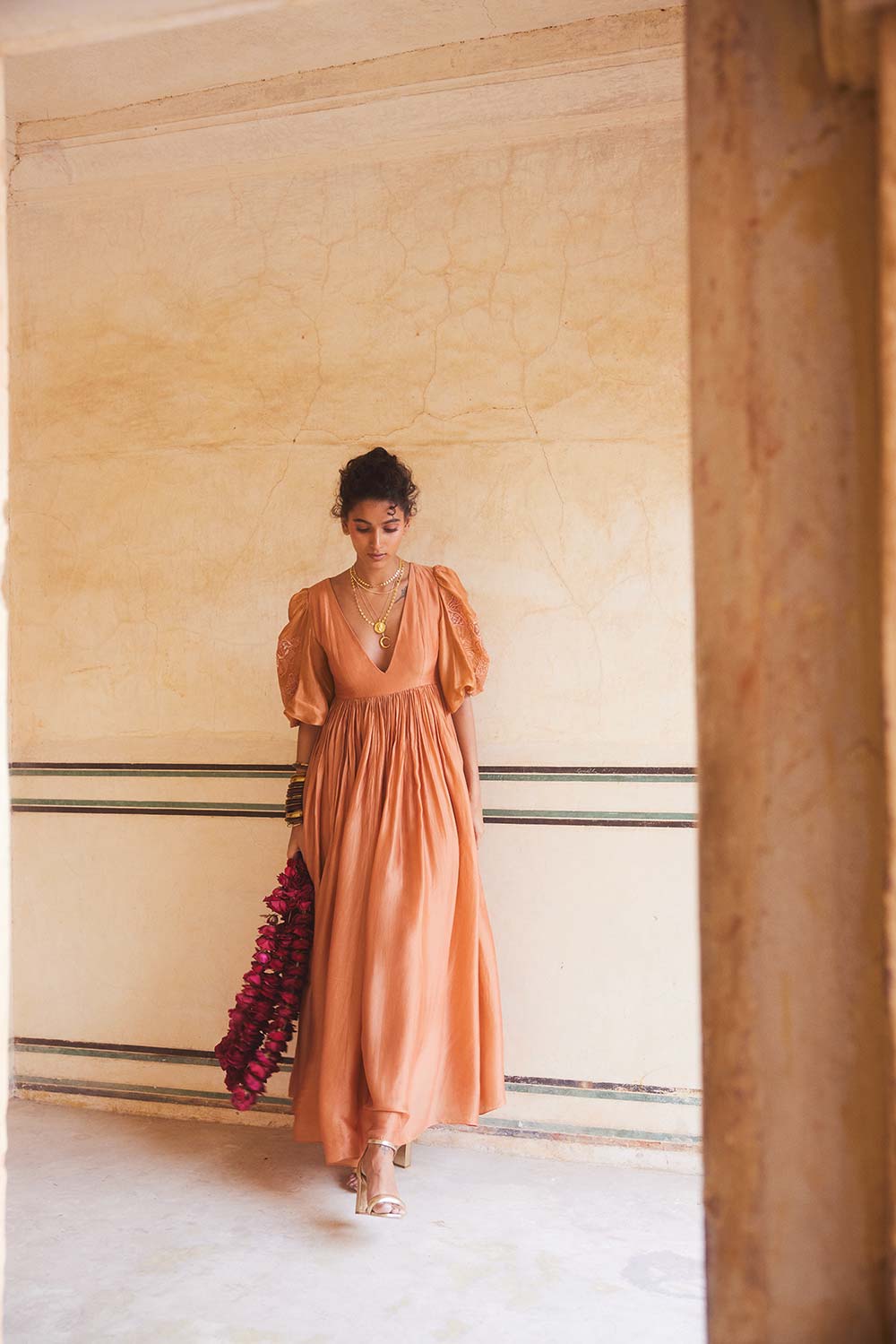Resort Look Peach Orange Maxi Dress in Floral Cutwork For Women Leela Lane Resort Look Peach Orange Maxi Dress in Floral Cutwork For Women Leela Lane