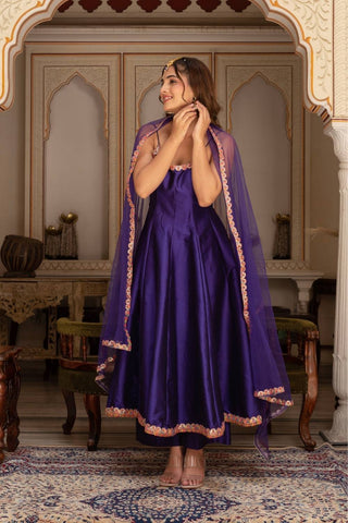 Women’s navy blue Anarkali suit set with embroidery in taffeta silk and net dupatta, Pomcha Jaipur designer Anarkali dress, fully stitched festive and wedding wear outfit.