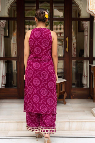 Traditional cranberry Bandhej georgette suit set with dupatta for women, fully stitched Pomcha Jaipur outfit with soft fabric, classic Rajasthani design, and stylish festive wear back look.