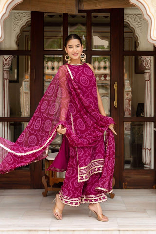 Pomcha Bandhej georgette cranberry suit set with dupatta fully stitched traditional ethnic wear.