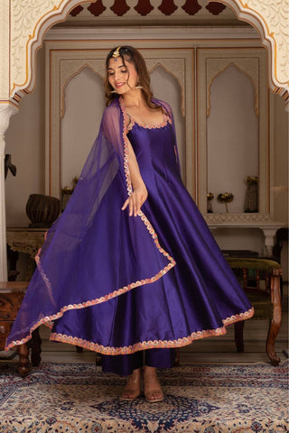 Designer navy blue sleeveless Anarkali set with embroidery in taffeta silk and net dupatta, Pomcha Jaipur women’s Anarkali suit, fully stitched festive and wedding wear outfit.