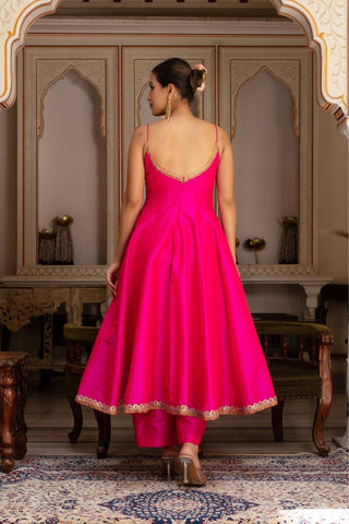 Traditional rimjhim pink embroidered Anarkali suit set with net dupatta, Pomcha Jaipur taffeta silk Anarkali dress for women, perfect for festive wear and wedding celebrations.