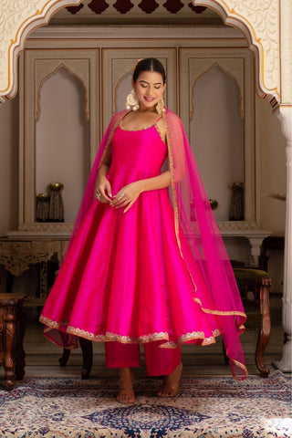 Rimjhim pink embroidered Anarkali set in taffeta silk with net dupatta by Pomcha Jaipur, women’s ethnic Anarkali suit, designer festive outfit perfect for wedding and party wear.