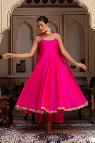 Designer rimjhim pink Anarkali set with embroidery in taffeta silk and net dupatta, Pomcha Jaipur women’s Anarkali suit, fully stitched festive and wedding wear outfit.
