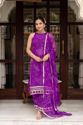 Designer purple Bandhej suit set in georgette with matching dupatta, fully stitched ethnic outfit for women by Pomcha Jaipur featuring vibrant tie dye print and festive elegance.
