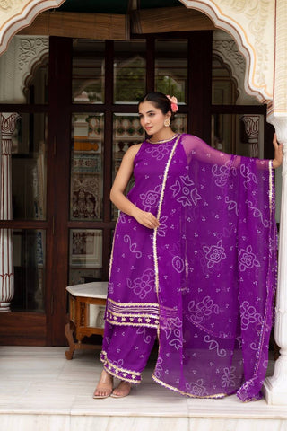 Women’s purple Bandhej suit set in soft georgette fabric with matching dupatta, fully stitched traditional outfit by Pomcha Jaipur ideal for festive occasions and ethnic celebrations
