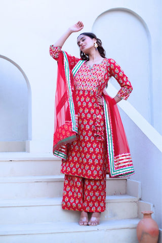 Red gota patti cotton kurta set with hand block print and net dupatta, women’s ethnic wear outfit, fully stitched suit set perfect for festive wear and comfortable summer styling.