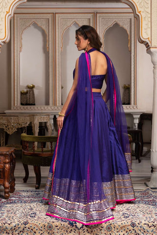 Women’s blue lehenga set in taffeta silk with gota patti embroidery and net dupatta, Pomcha Jaipur designer lehenga, bridal wear lehenga, festive ethnic outfit for weddings and functions.