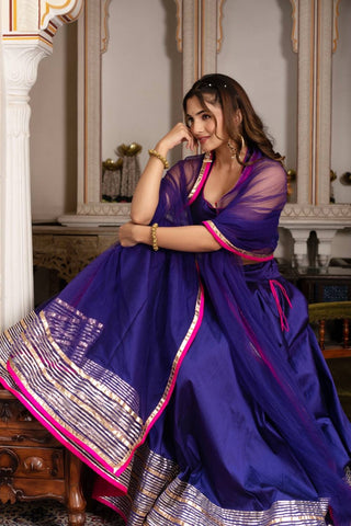 Pomcha Jaipur purple lehenga set in taffeta silk with gota patti detailing and net dupatta, designer bridal lehenga, women’s ethnic wear, fully stitched festive and wedding outfit.