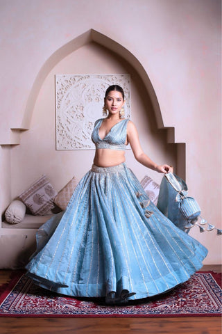 Traditional powder blue silk lehenga choli set with gota patti work, Ghazal cosmos silk lehenga for women, perfect for wedding wear, festive occasions and celebrations.