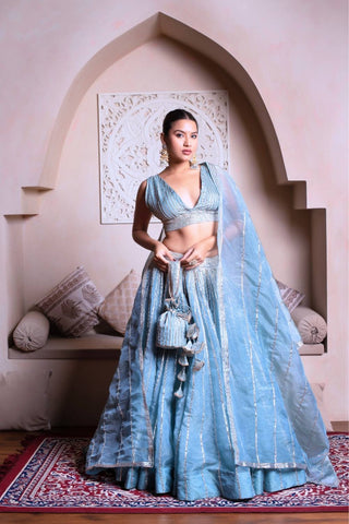 Ghazal powder blue gota patti silk lehenga choli set with dupatta, crafted in cosmos silk, designer lehenga for women, elegant bridal and festive wear outfit with traditional detailing.