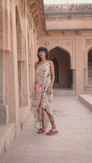 Make a statement in our one shoulder dress, inspired by the maniature paintings of Kangra. Featuring a bow shaped metal trim on the shoulder and engineered print design, this dress exudes elegance and sophistication. Perfect for any special occasion, vaccation holiday beach resort party wear, chic designer summer women wear.