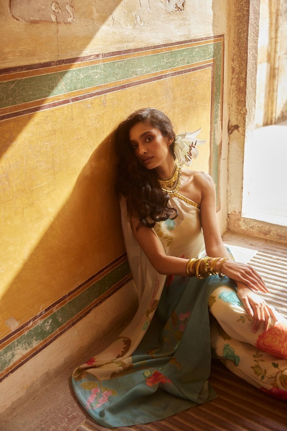 Vidoe of Paulmi and Harsh chic one shoulder floral resort wear designer statement dress vaccation holiday tunic set. Perfect for cocktail parties, firends hang out, sun downer clubbing