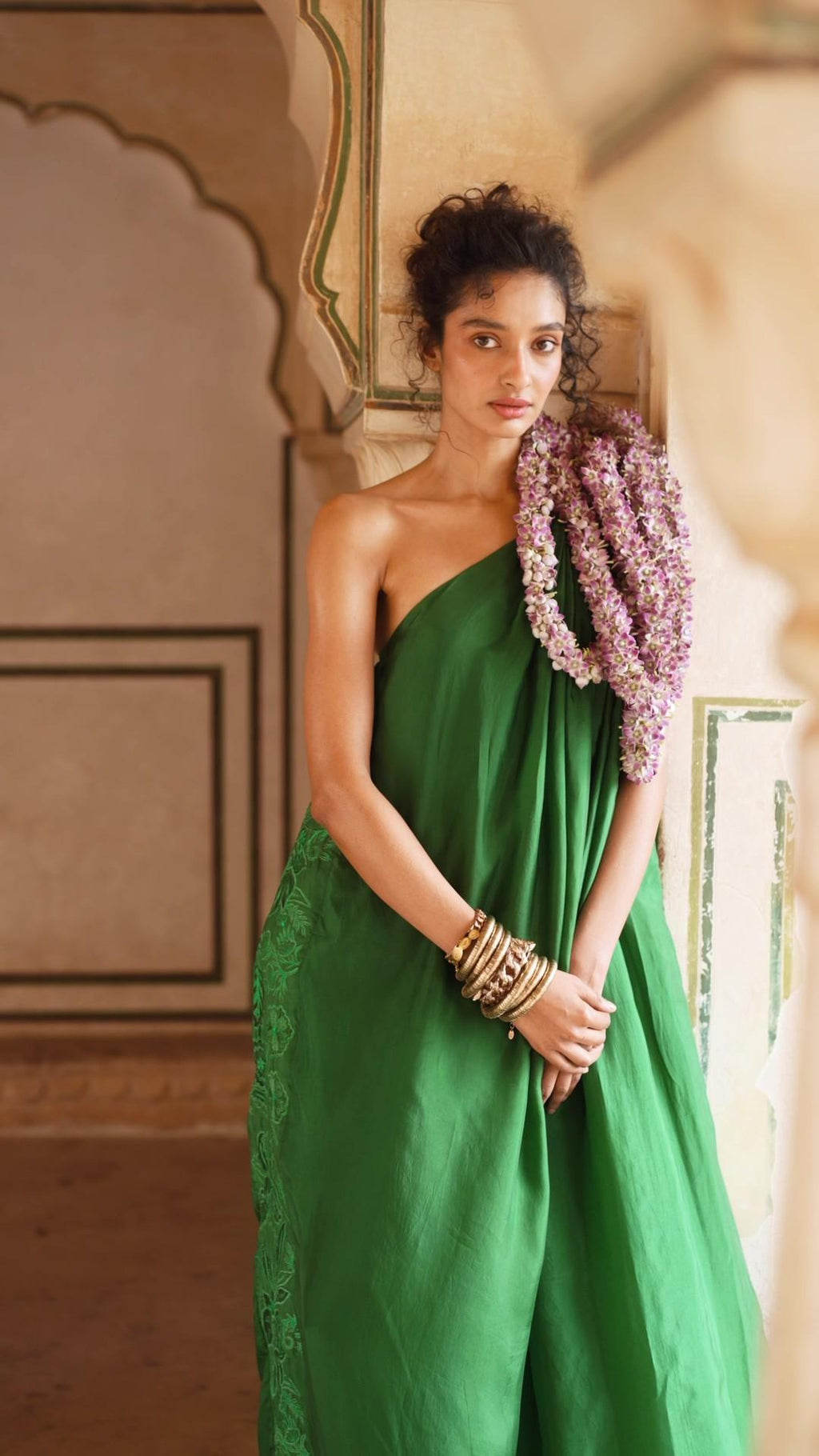 strapless open back dress Cape One-Shoulder Ruched Column Floor Length Formal Dress With Side Slit main image 1