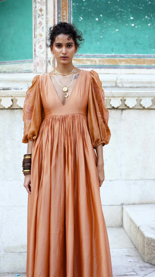 Resort Look Peach Orange Maxi Dress in Floral Cutwork For Women Leela Lane Resort Look Peach Orange Maxi Dress in Floral Cutwork For Women Leela Lane