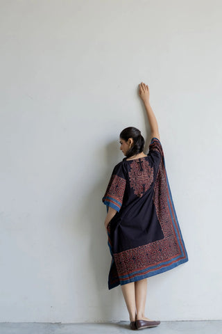 Prithvi black, red and indigo maze print cotton freesize kaftan dress, boho ajrakh - back view with neck panel