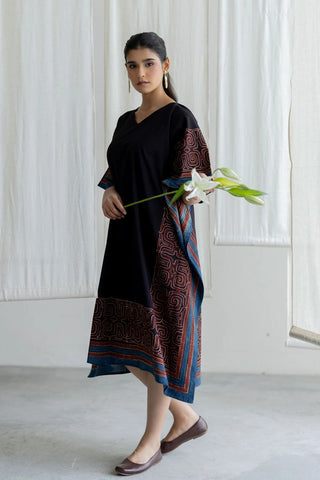 Prithvi black, red and indigo maze print cotton freesize kaftan dress, boho ajrakh - festive look