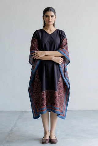 Prithvi black, red and indigo maze print cotton freesize kaftan dress, boho ajrakh - front view