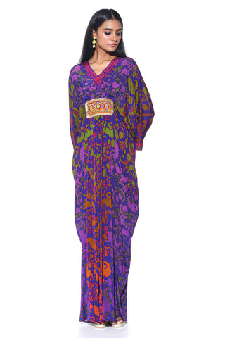 Royal Purple Paisley Print, Pleated designer Kaftan with Hand Bead Embroidery. A Vibrant Indo-Western Fusion Dress for Resort Wear, Cocktail Parties, and Bohemian Ethnic Fashion.