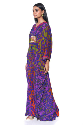 Royal Purple Paisley Print, Pleated designer Kaftan with Hand Bead Embroidery. A Vibrant Indo-Western Fusion Dress for Resort Wear, Cocktail Parties, and Bohemian Ethnic Fashion.