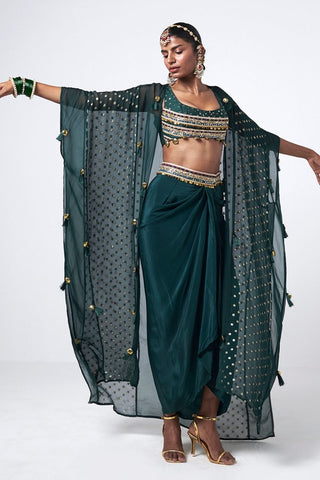 Elegant side profile of the Forest Karl Green Choga set showcasing embroidered cape detailing, layered silhouette, and subtle sequin embellishments.