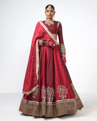 Cherry and cola Deewani Lehenga crafted in dupion and crepe with applique trims and crystal detailing, a designer bridal outfit ideal for wedding day, chuda ceremony, and elegant occasion wear. Designed by Rishi and Vibhuti.