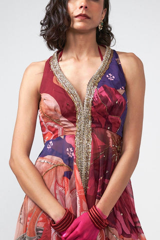 Close up of crimson red Cherry Mingle Kurta Set crafted in georgette lurex and crepe with delicate scattered coin embellishments for statement occasion wear.