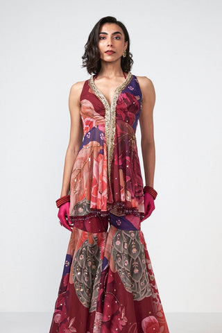 Designer three-piece Cherry Mingle Set with shimmering coin detailing on luxurious georgette lurex and crepe fabric, perfect for festive and cocktail styling.