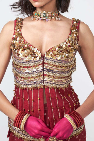 Close up of cherry ghungroo sharara set in cola-toned dupion and georgette fabric featuring applique fringe detailing.