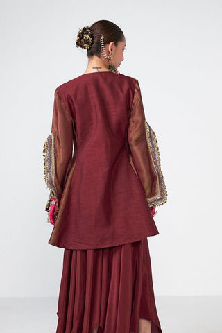 Back look of contemporary Cola-toned three-piece kurta set crafted in crepe and tissue with embellished applique detailing, sequins, coins, and tassels for festive elegance.