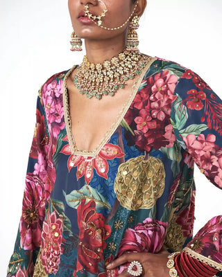Detailed close-up of hand embroidery on the kurta panel of the Deewani Choga Set, crafted for festive and wedding occasions.