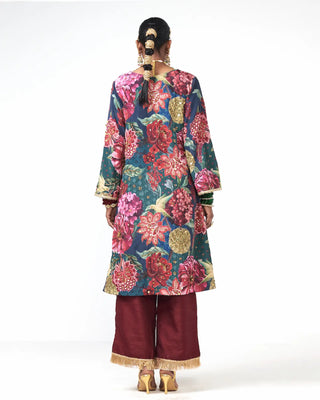 Back look of the wine floral Deewani Choga Set highlighting scattered sequin embellishments and refined embroidery detailing for occasion wear.