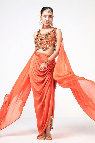 Elegant Rishi and Vibhuti Ghungroo Drape Set with handcrafted embroidered details, signature ghungroo accents, and coordinated separates, combining modern draping with traditional craftsmanship for festive wear, receptions, and wedding celebrations.