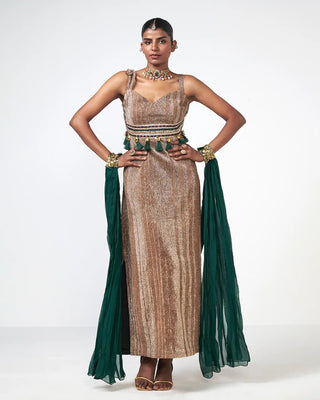 Gold Sand Dunes Dress featuring a statement cape and hand-applied gold applique work, designed for resort, parties and summer festive styling.