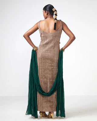 Back look of the Sand Dunes Dress highlighting the golden hemline detailing.