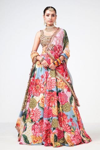 Rishi and Vibhuti Gul Bagh designer lehenga featuring intricate floral embroidery with handcrafted embellishments, paired with a coordinated blouse and dupatta, creating an elegant luxury ensemble for weddings, festive celebrations, receptions, and traditional occasions.
