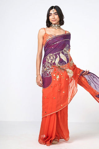 Jamun Berry Organza Saree Set in narangi color featuring applique handwork, patchwork detailing, organza saree, and crepe blouse, perfect for weddings, festive celebrations, cocktail evenings, and special occasions.