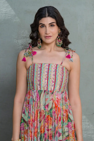 Close up of multicolor printed Botanical Blossom ensemble by Rishi and Vibhuti, combining georgette and crepe with intricate thread-work trims and refined decorative detailing.