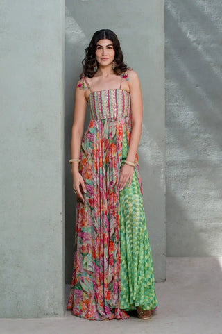 Rishi and Vibhuti Botanical Blossom multicolor printed ensemble crafted in georgette and crepe, perfect outfit for occasion wear, cocktail parties, resort and evening brunches.