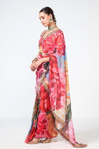 Elegant Rishi and Vibhuti Phool Bagh floral embroidered organza saree with artisanal craftsmanship and coordinated blouse, designed for luxury Indian ethnic wear, wedding functions, festive celebrations, and contemporary traditional styling.