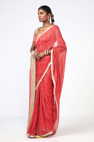 Elegant Rishi and Vibhuti Red Chandini embroidered saree designed in georgette and Chanderi silk with contemporary linear embroidery, creating a timeless ethnic ensemble for weddings, receptions, festivals, and special celebrations.