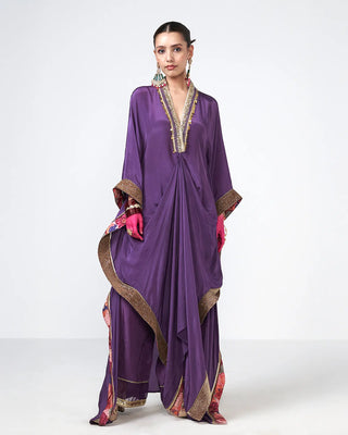 Jamun Kaftan Set crafted in crepe with applique work detailing, styled for wedding, parties and festive occasions.