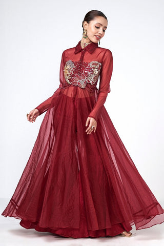 Cherry Affair cape set in organza and dupion fabric featuring hand embroidery, embroidered corset, tailored pants, and flowing festive silhouette.
