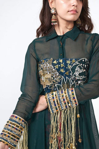 Detailed close-up of hand embroidery and scattered sequin embellishments on Corset in luxurious organza and crepe fabric.