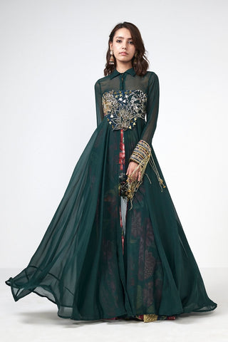 Bottle green Dilbar Kellen Set in organza and crepe fabric featuring hand embroidery, scattered sequins, jacket, corset, and tailored pants three-piece coord set.